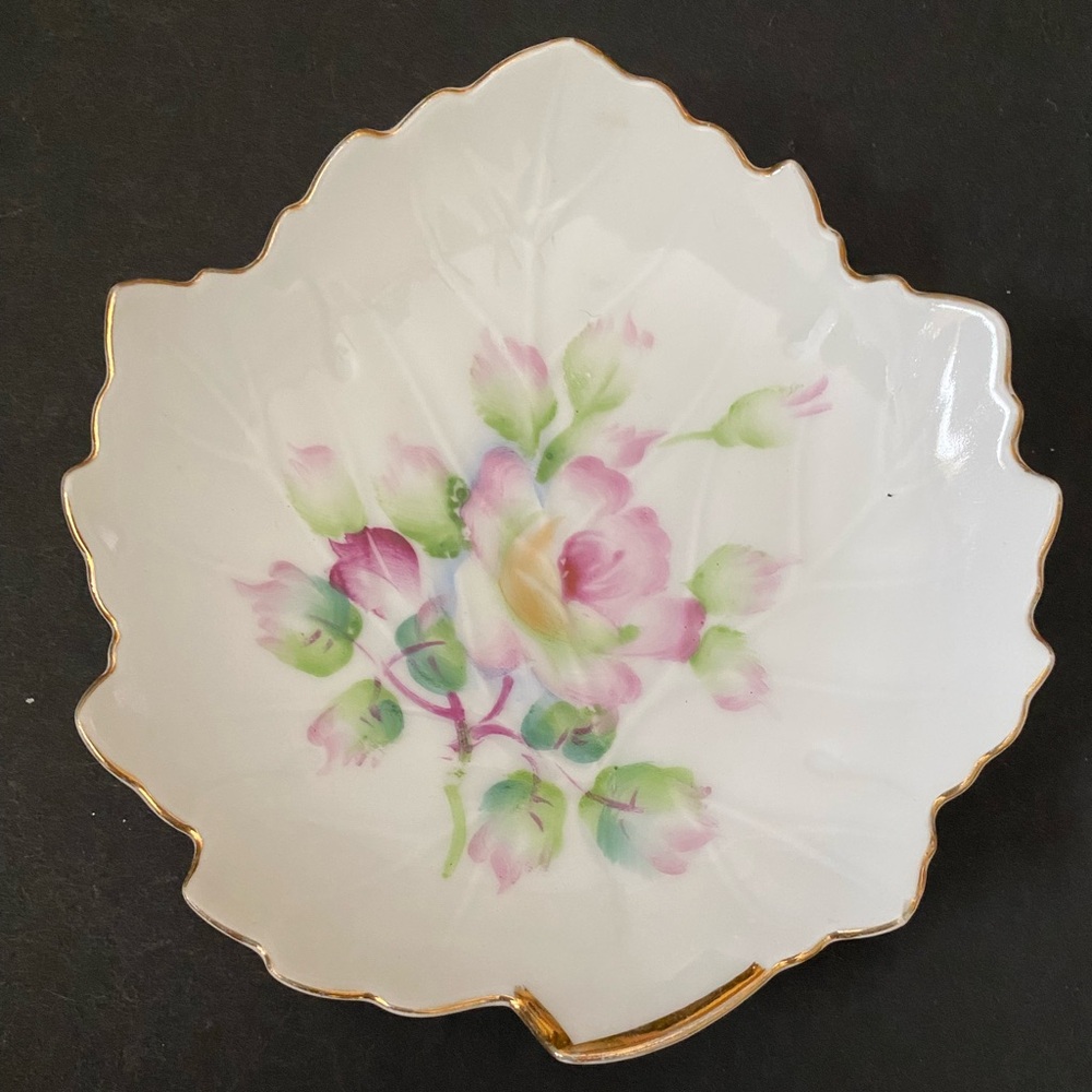 Vintage  Shafford Japan Porcelain Leaf Shape Floral Small Trinket Dish